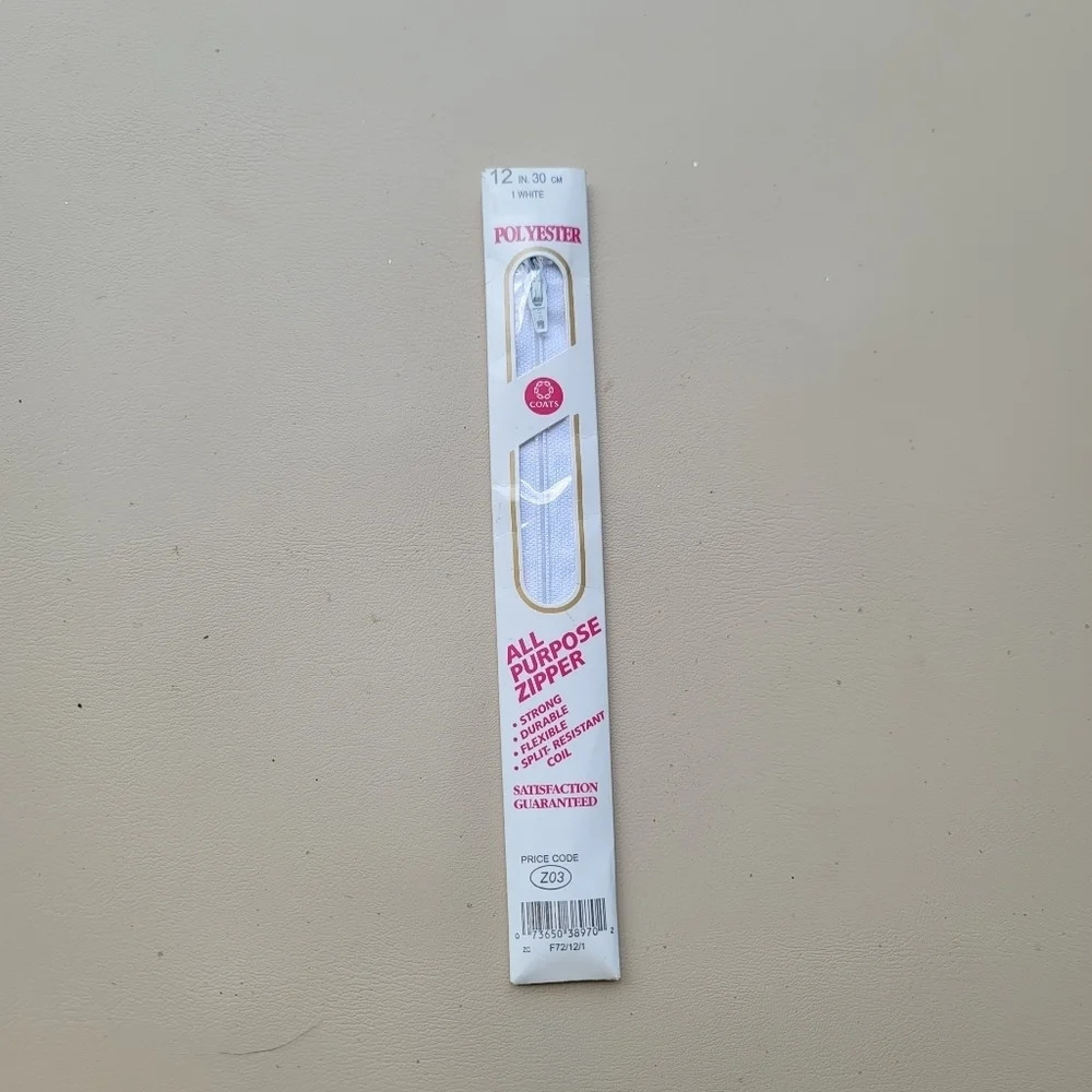 Vintage Coats And Clark All Purpose Polyester Zipper 12" White Polyester
